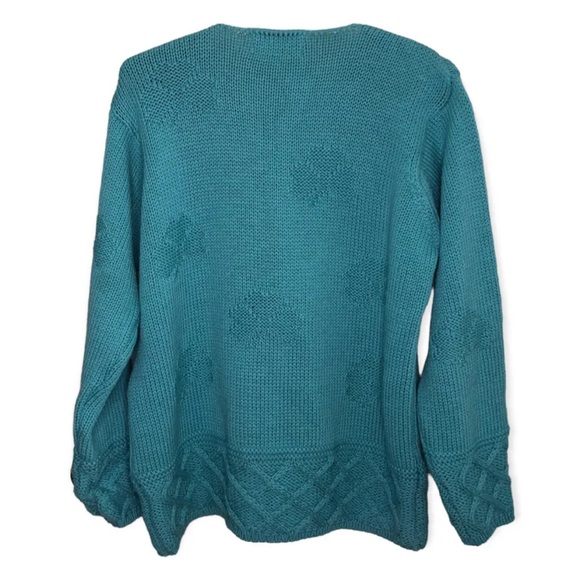 Aran Crafts Ireland Teal 100% Merino Wool Clover Knit Sweater - Picture 3 of 7